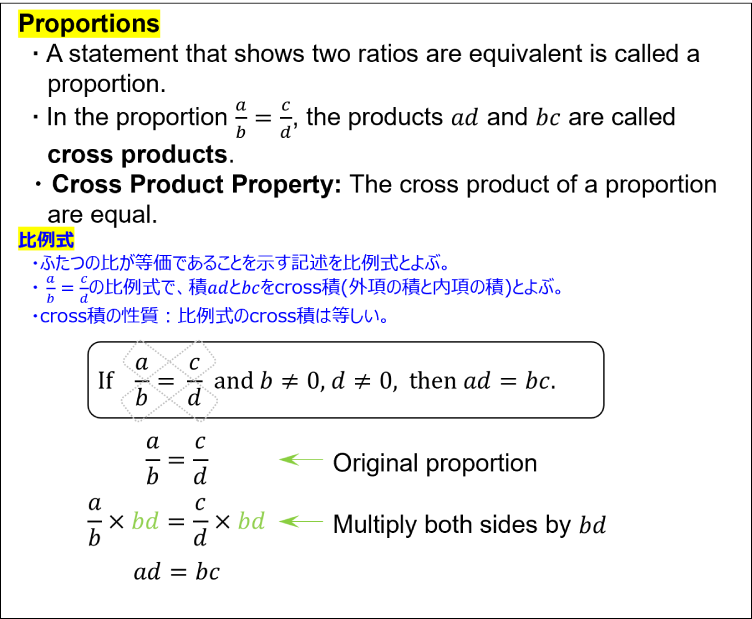 Definition of proportions and illustration of cross product property